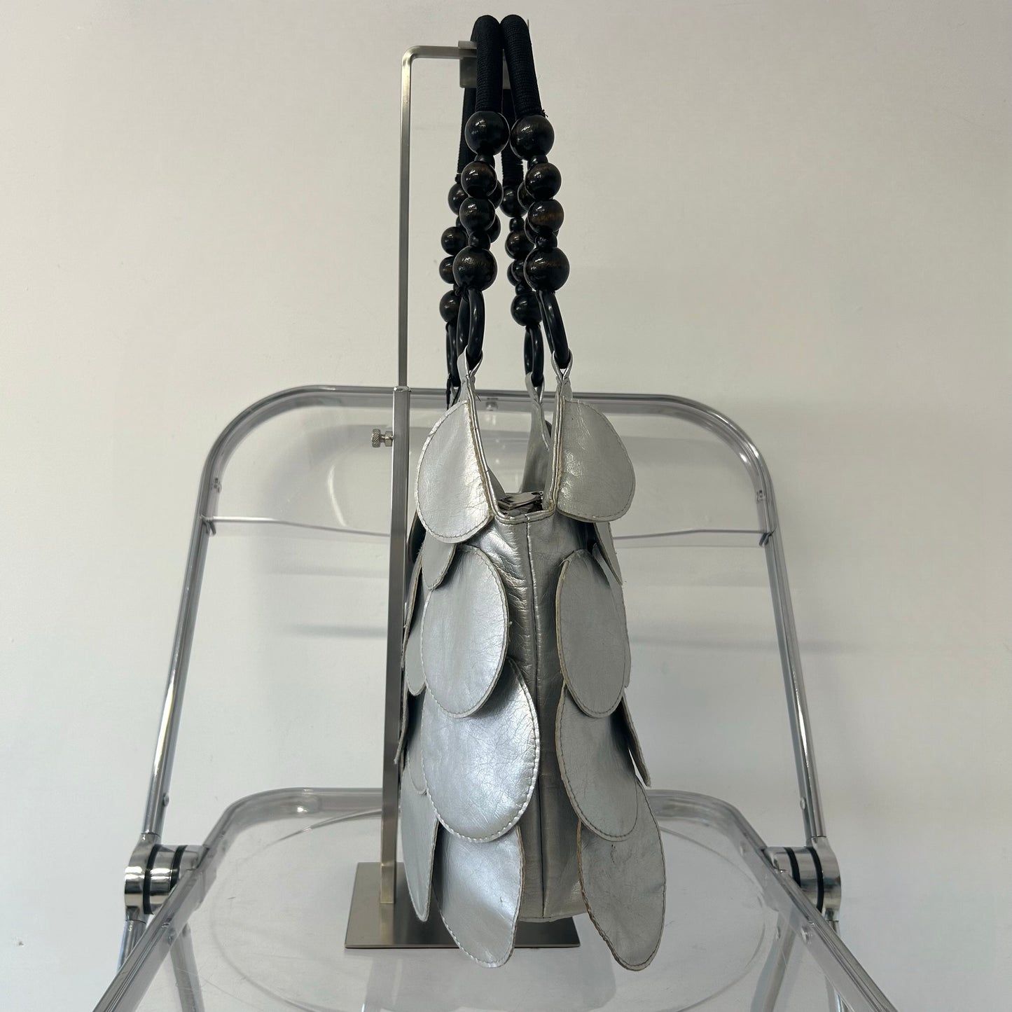 silver faux leather disc beaded shoulder bag