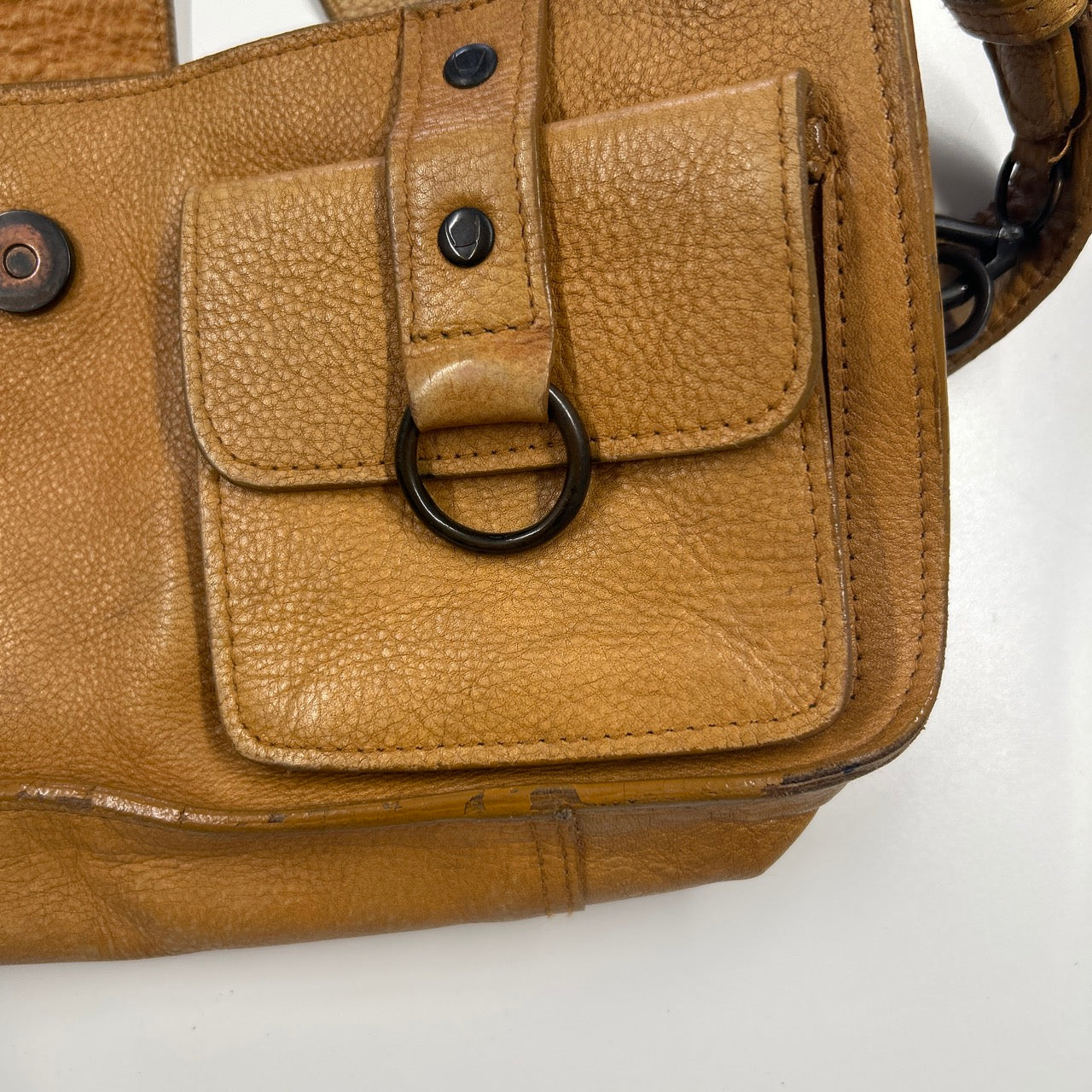 tanned genuine leather double pocket shoulder bag