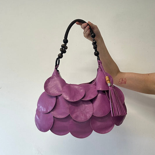 purple faux leather disc beaded shoulder bag