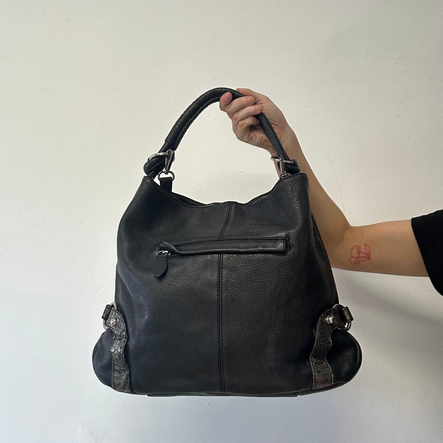 black ruched canvas and faux leather shoulder bag