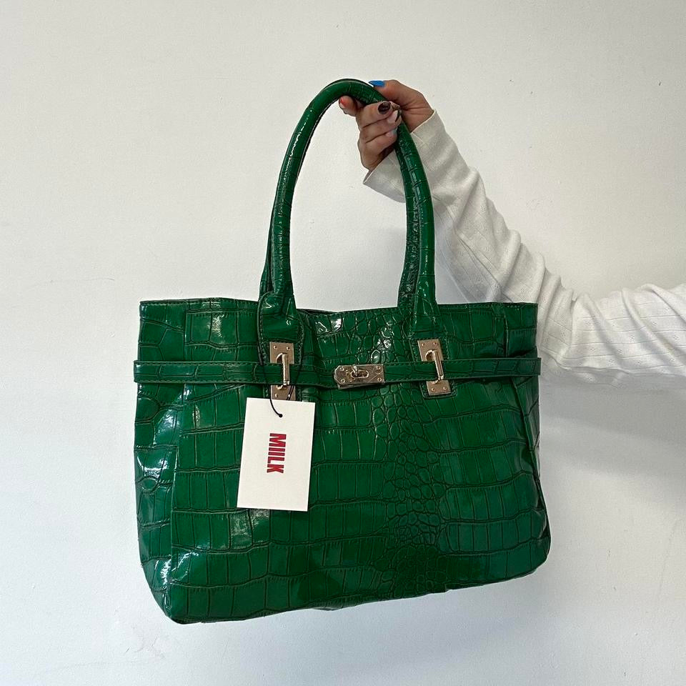 dark green croc effect firkin shoulder bag