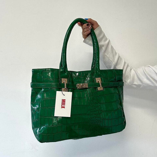 dark green croc effect firkin shoulder bag