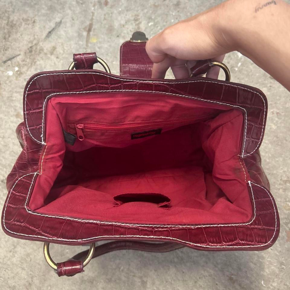 dark red faux leather croc effect buckle shoulder bag
