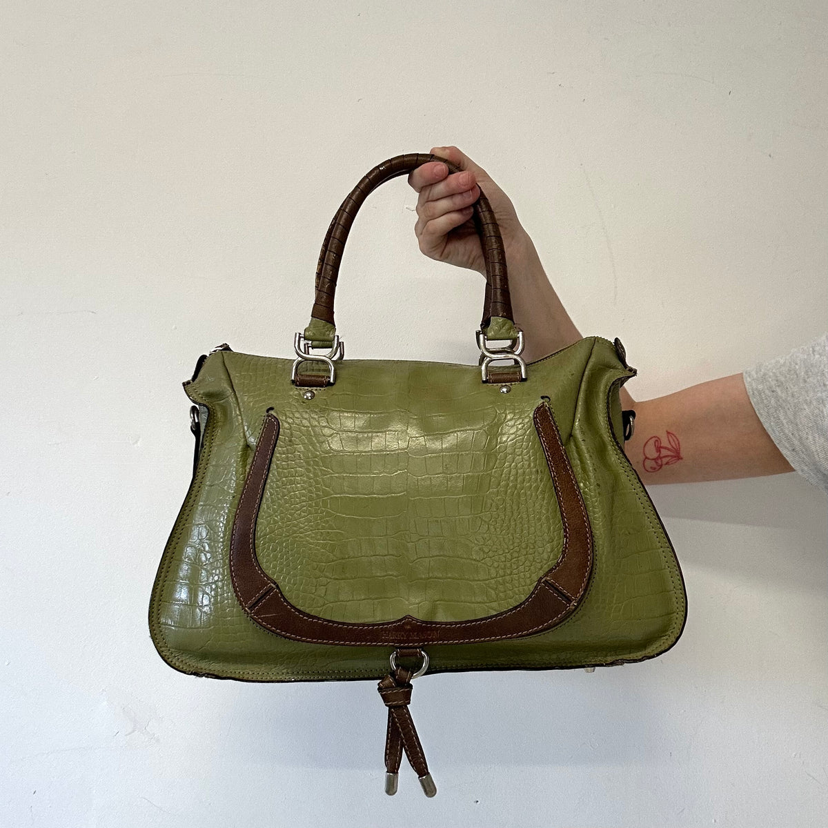 green croc effect genuine leather shoulder bag