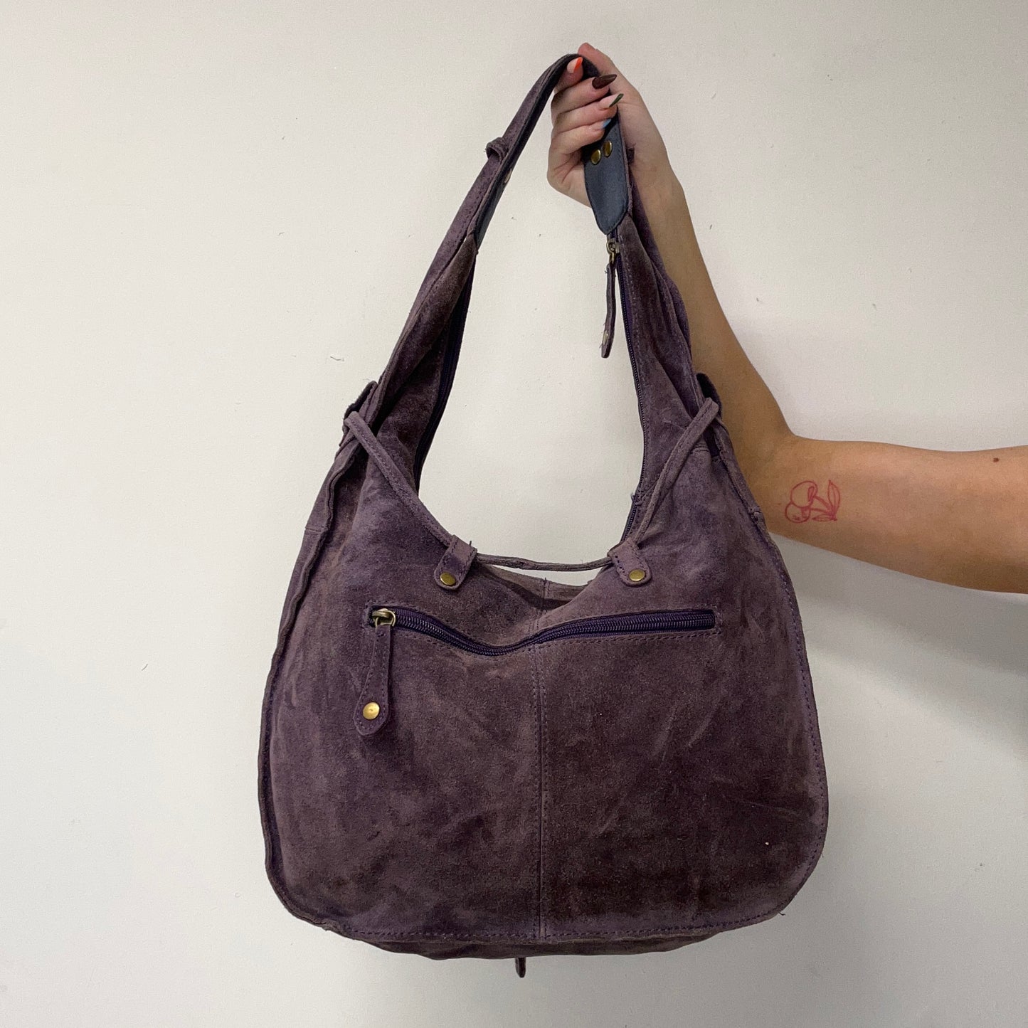 purple suede stitch shoulder bag
