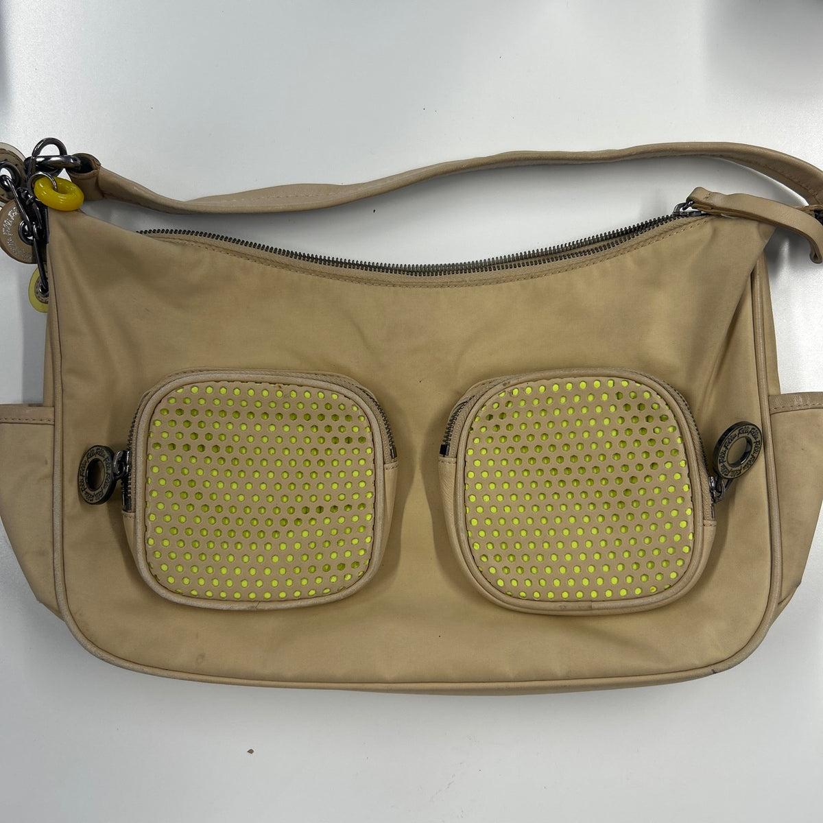 tanned and yellow neon double pocket shoulder bag