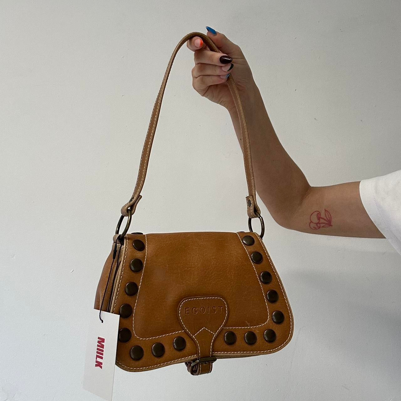 tanned studded faux leather shoulder bag