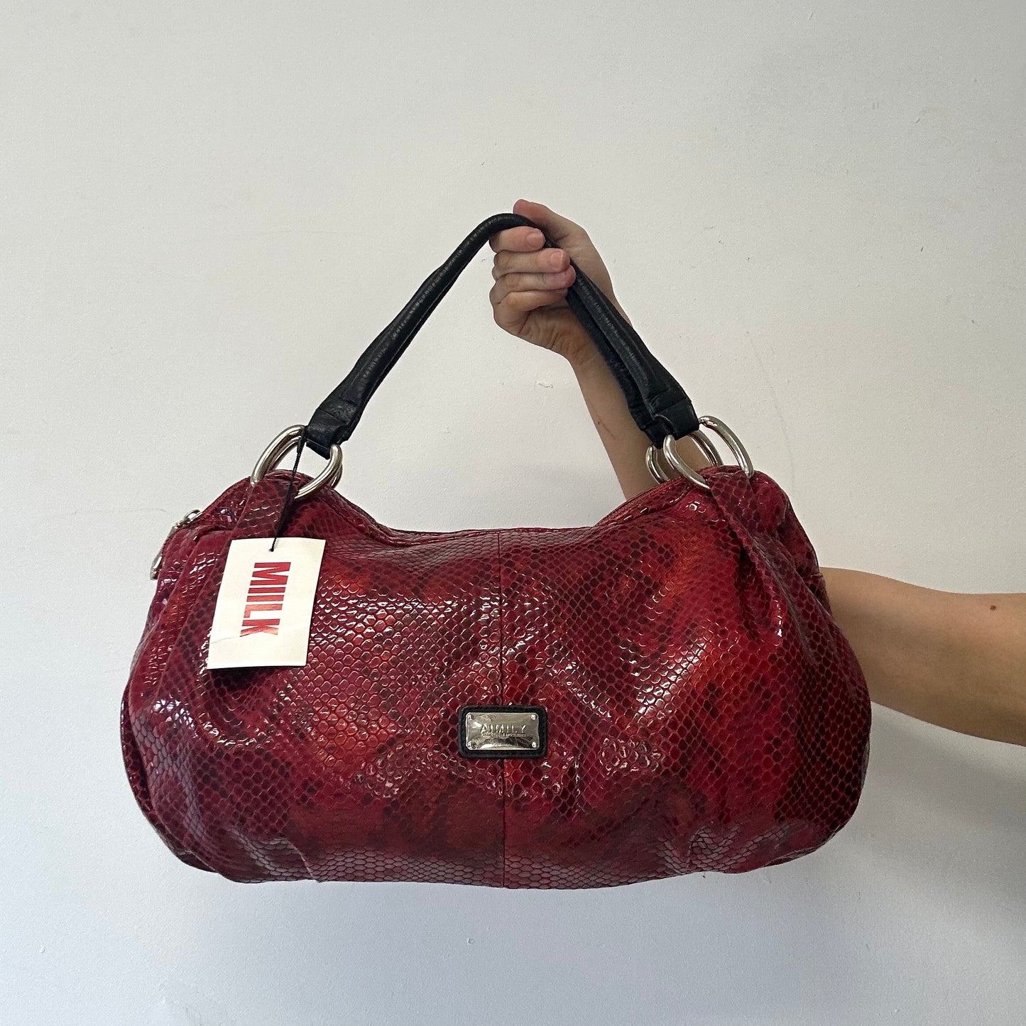 black and red faux leather croc effect shoulder bag