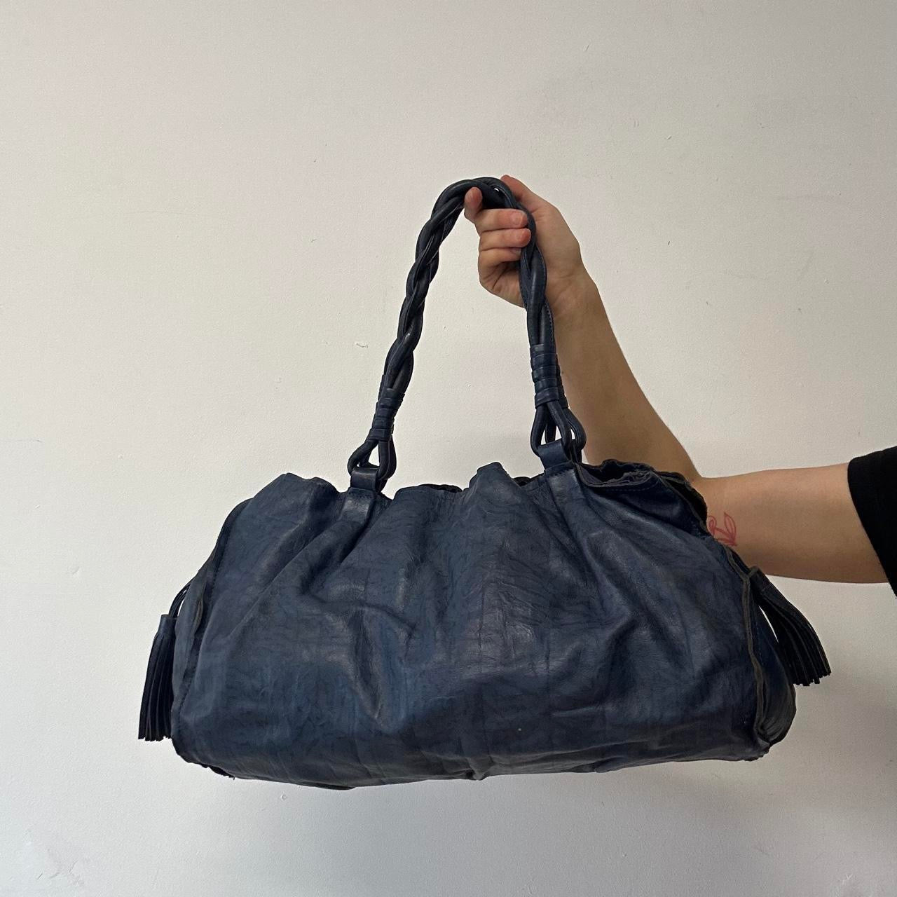 navy blue genuine leather twisted handle shoulder bag