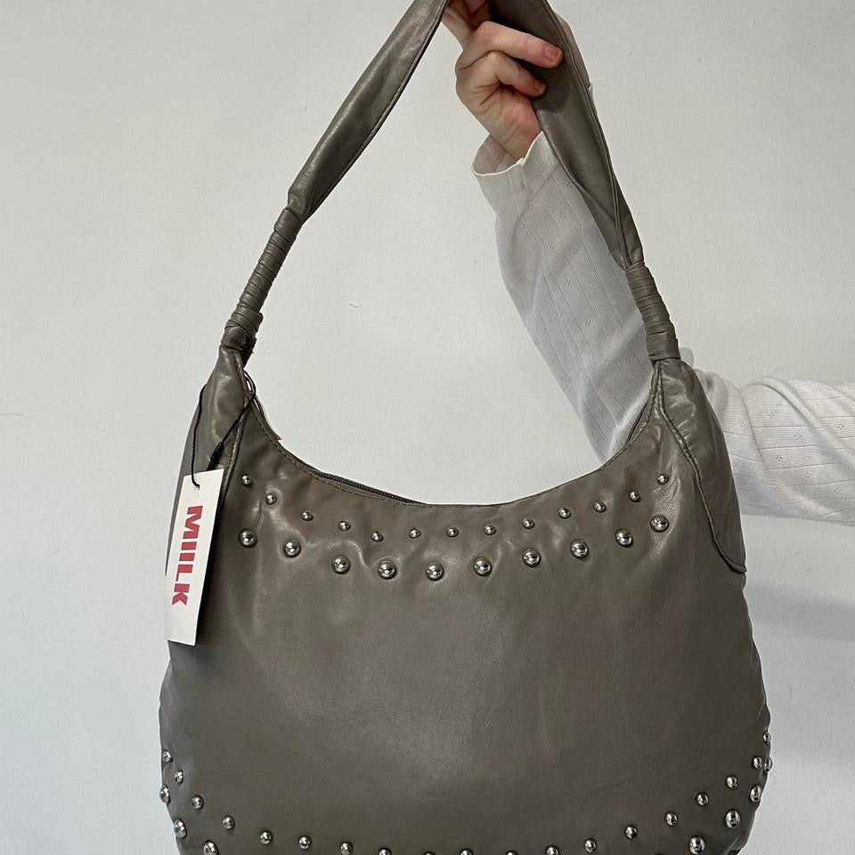 grey faux leather studded shoulder bag