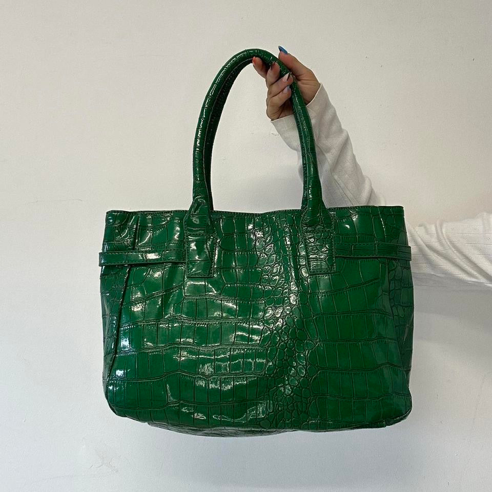 dark green croc effect firkin shoulder bag