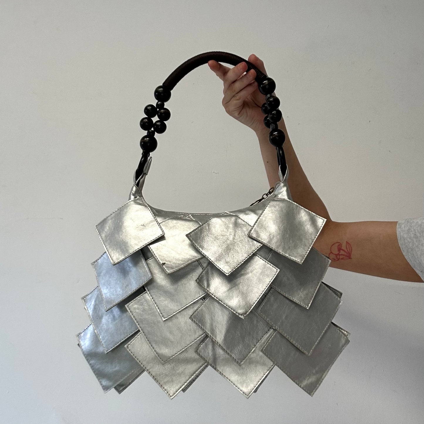 silver faux leather square beaded shoulder bag