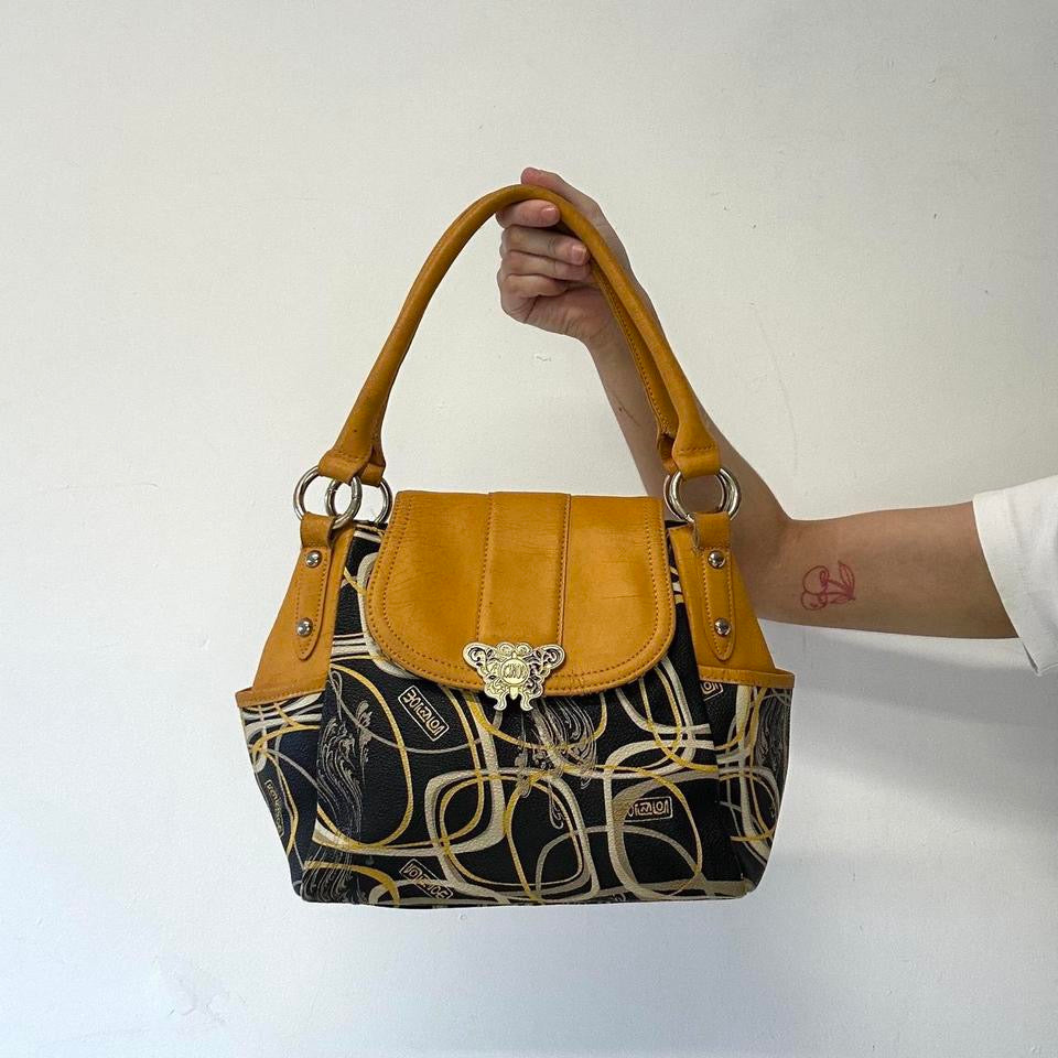 yellow and black patterned faux leather shoulder bag