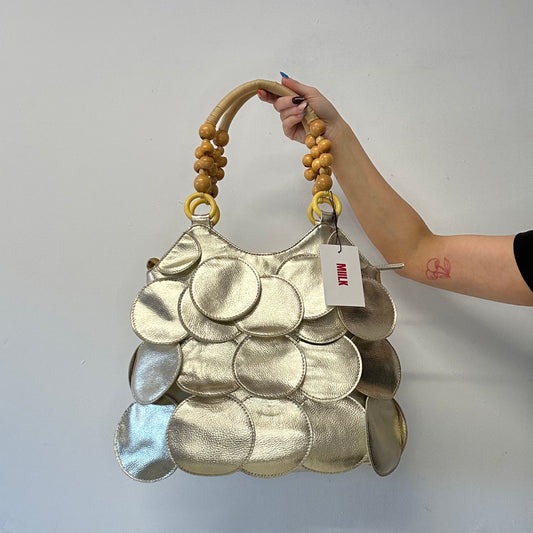 gold faux disc beaded shoulder bag