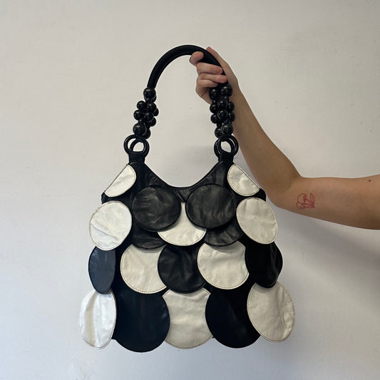 black and white faux leather disc beaded shoulder bag