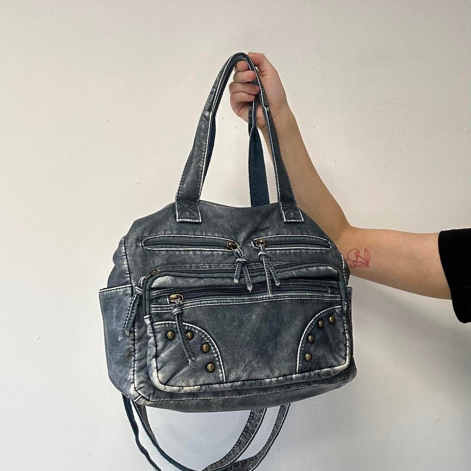 blue acid wash studded faux leather shoulder bag