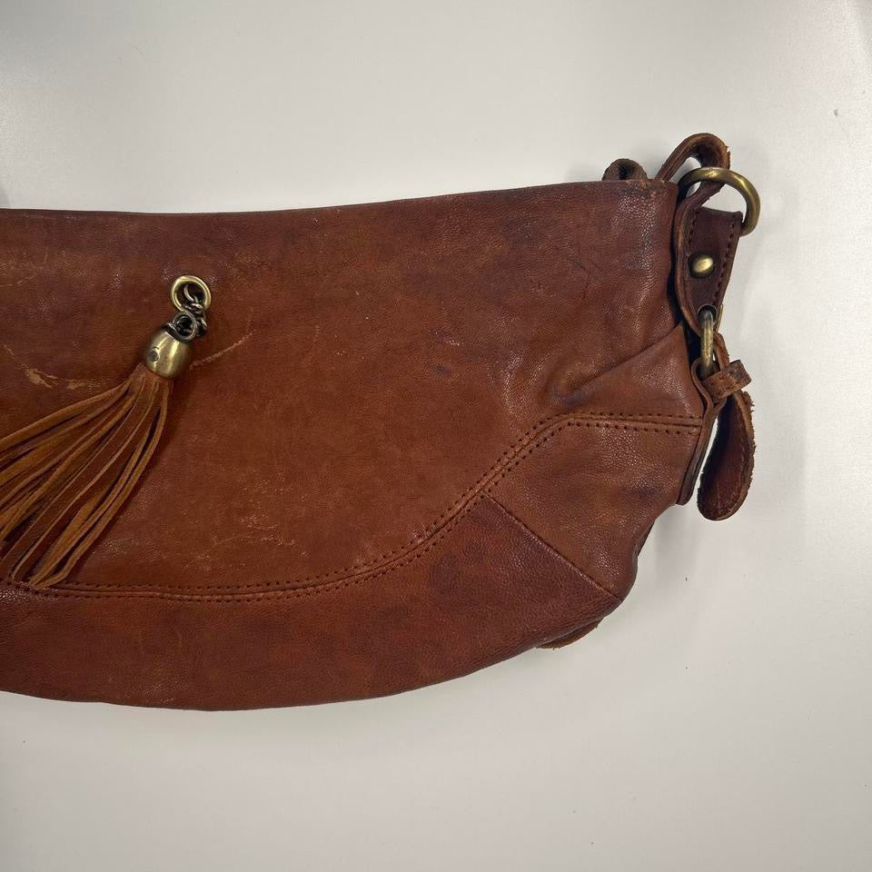 brown half crescent genuine leather shoulder bag