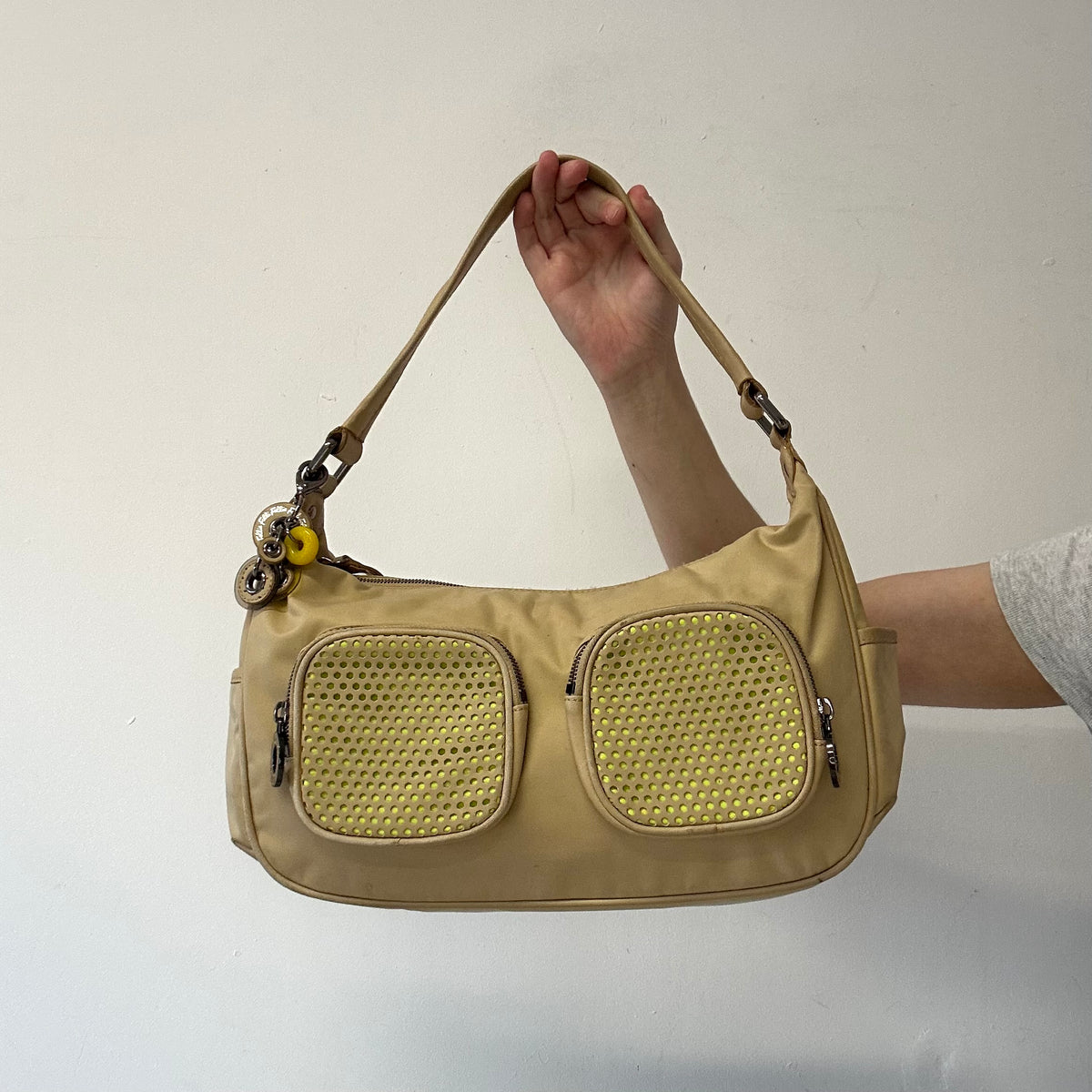 tanned and yellow neon double pocket shoulder bag