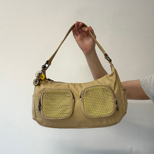 tanned and yellow neon double pocket shoulder bag