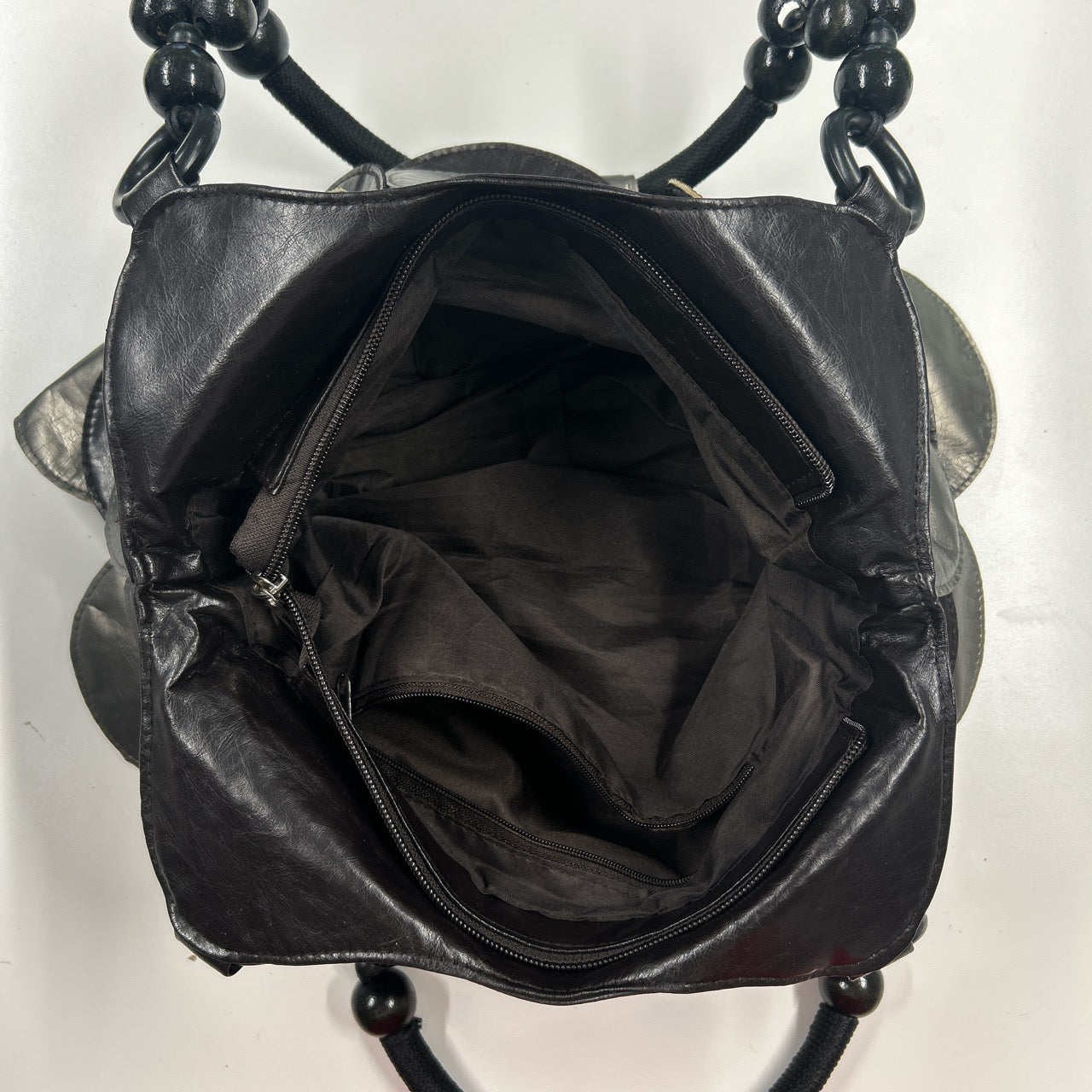 silver and black faux leather disc beaded shoulder bag