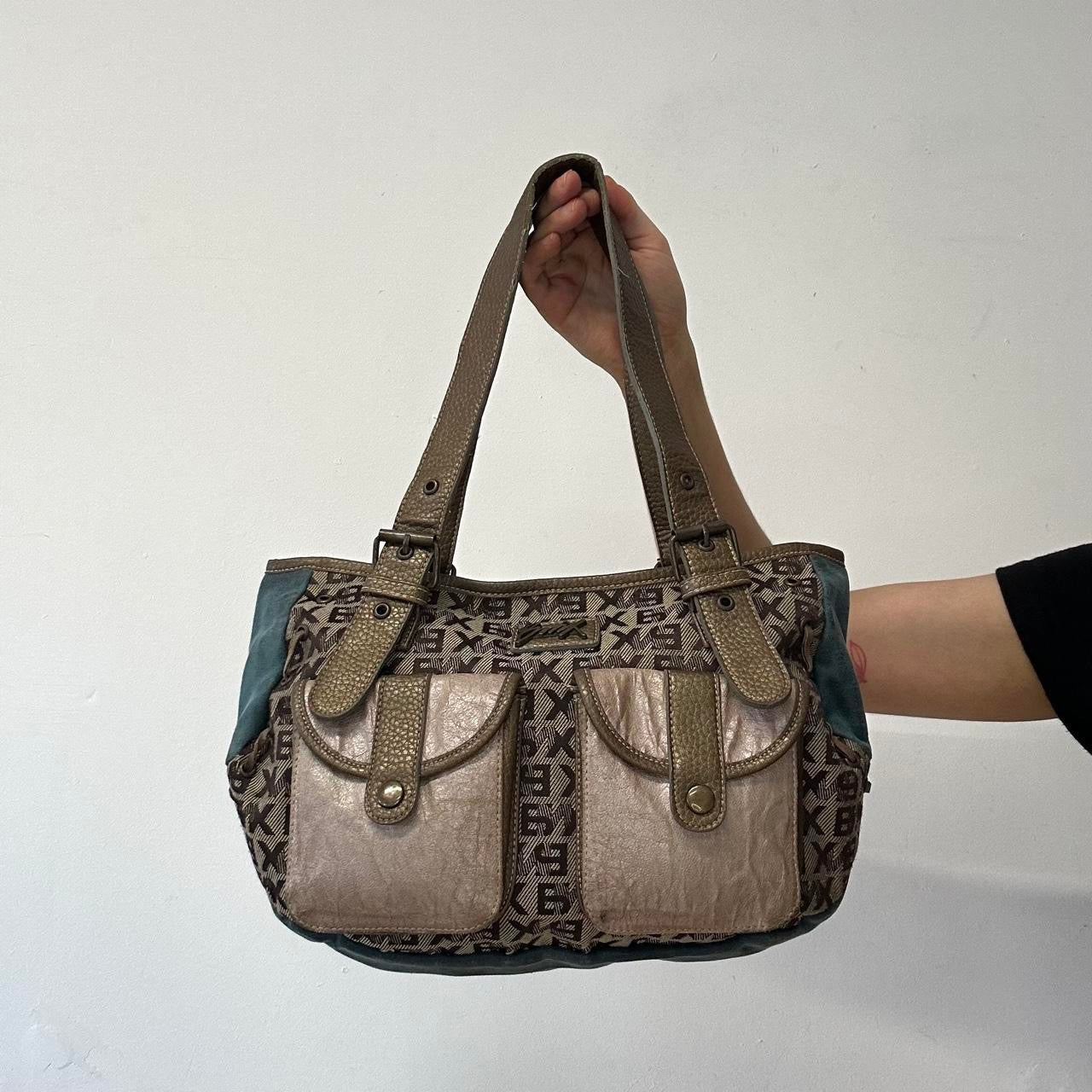 blue and letter monogram double pocket  faux leather shoulder bag