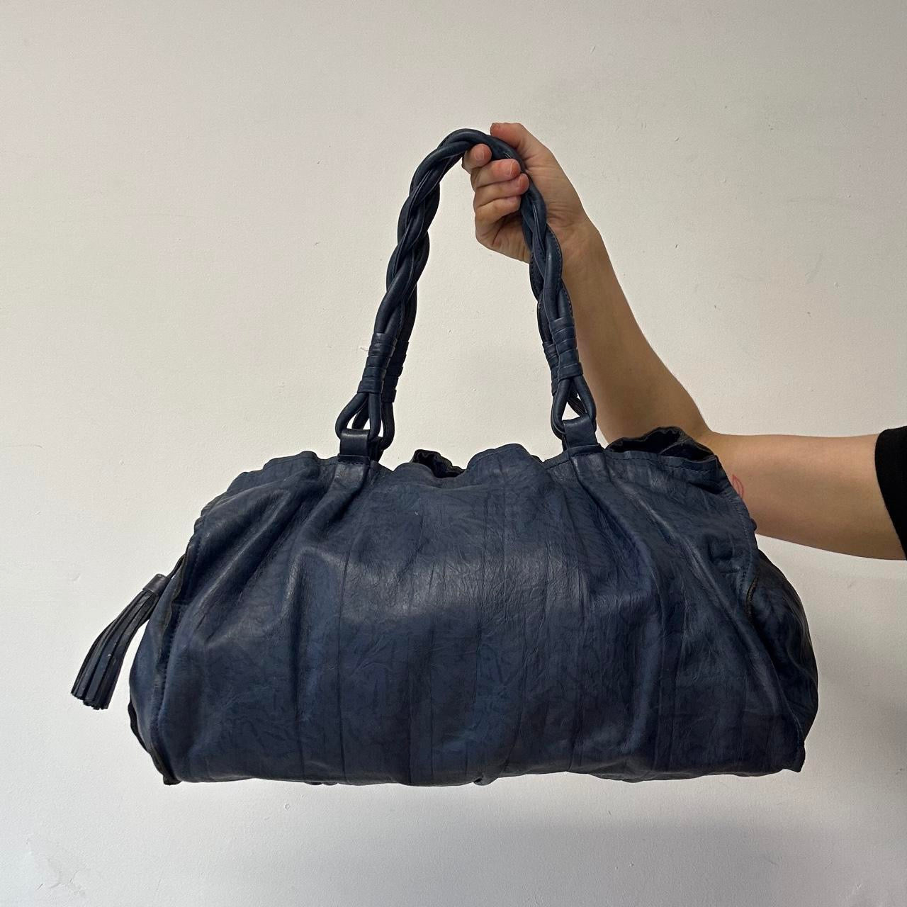 navy blue genuine leather twisted handle shoulder bag