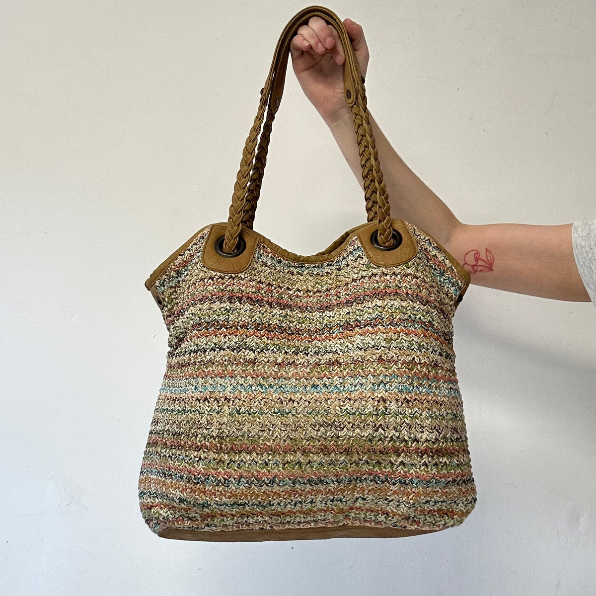 multicoloured woven beach shoulder bag