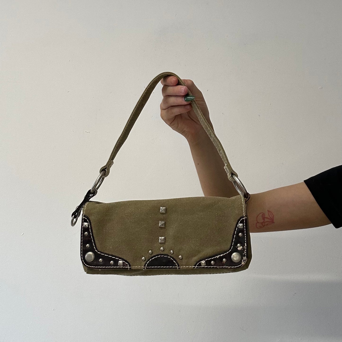 khaki studded mini shoulder bag