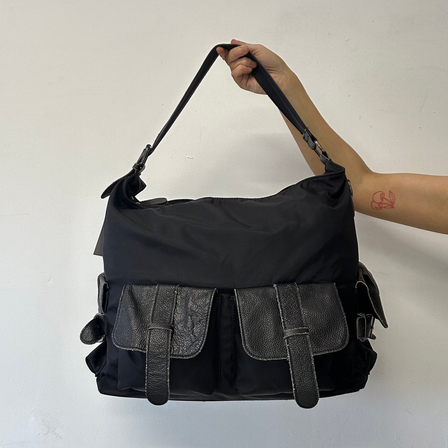 black double pocket canvas large canvas and leather shoulder bag