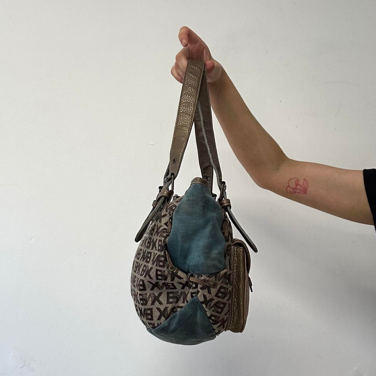 blue and letter monogram double pocket  faux leather shoulder bag