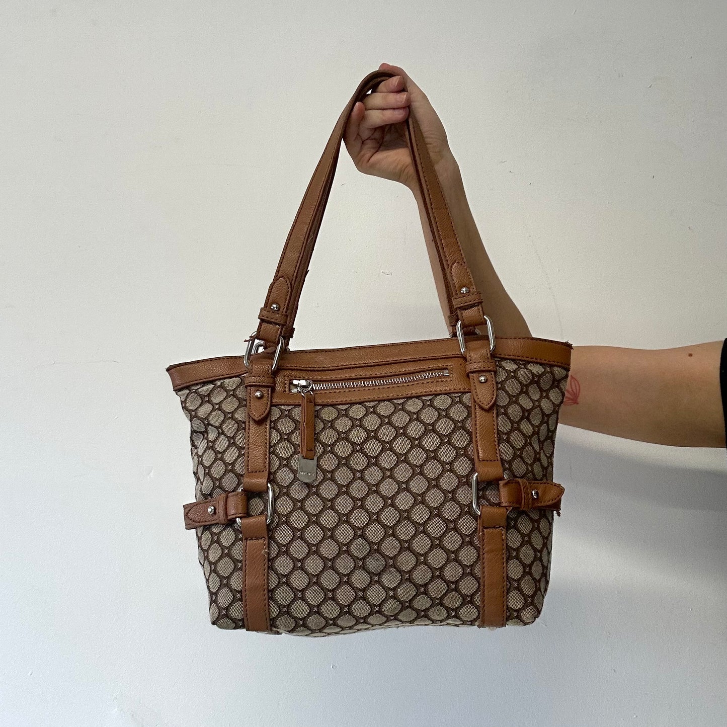 brown canvas monogram faux leather shoulder bag
