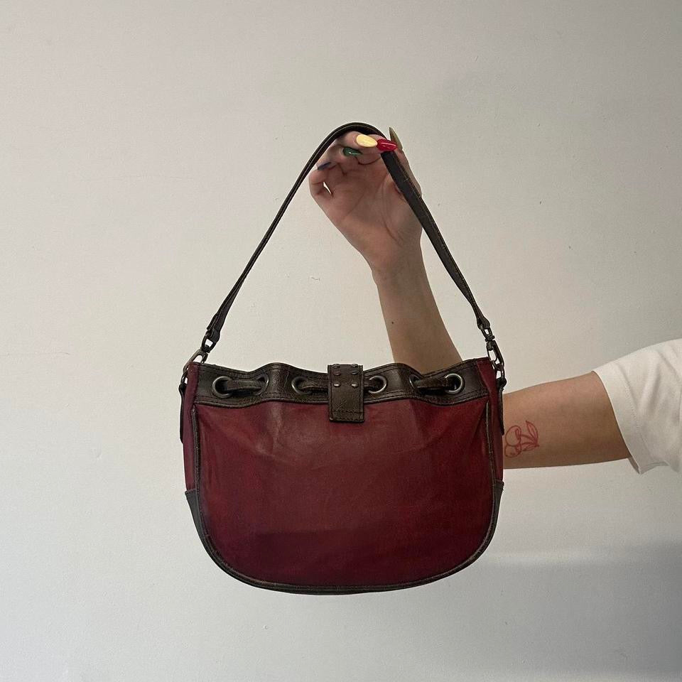 red and brown studded  faux leather shoulder bag