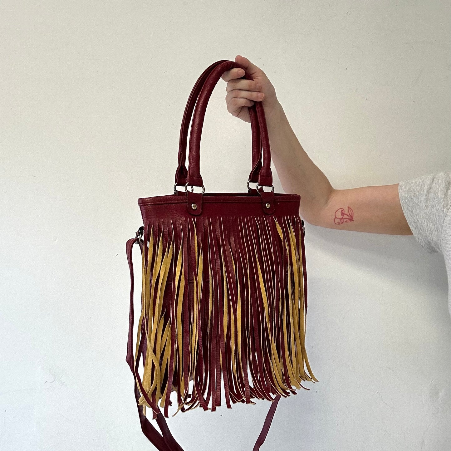 red genuine leather fringe festival shoulder bag