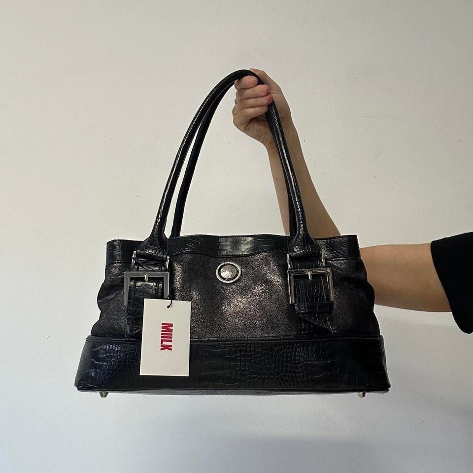 black faux leather glitter croc effect shoulder bag