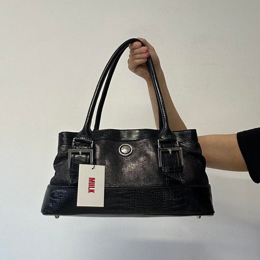 black faux leather glitter croc effect shoulder bag