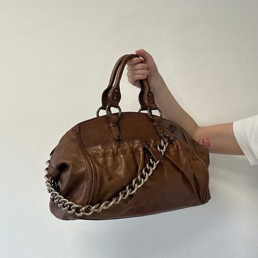 brown faux leather chain detailing hand bag