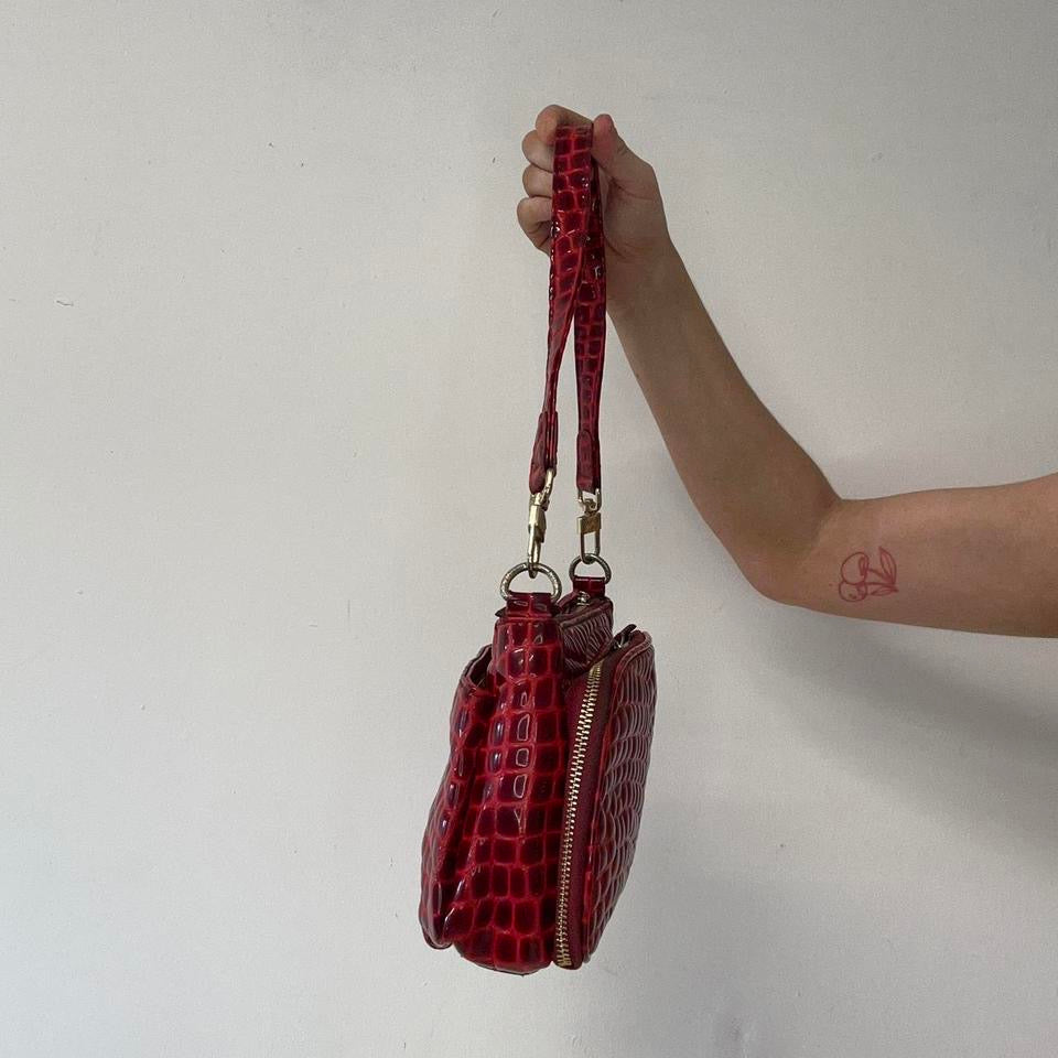 red faux leather studded croc effect shoulder bag