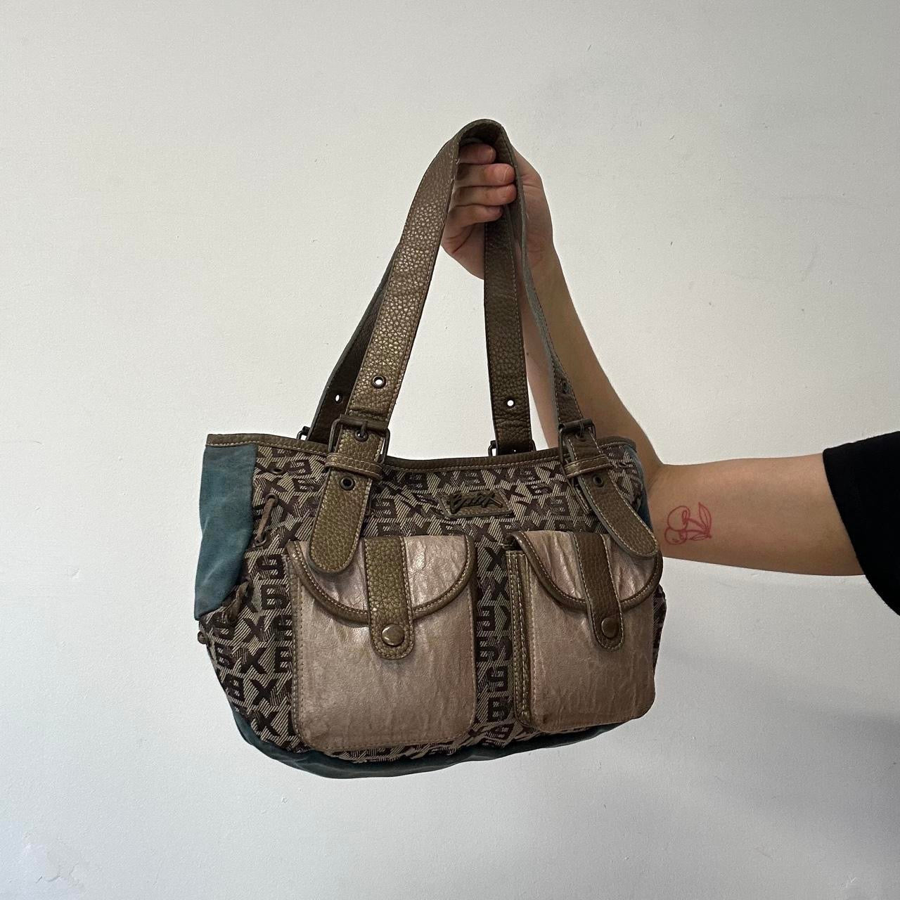 blue and letter monogram double pocket  faux leather shoulder bag