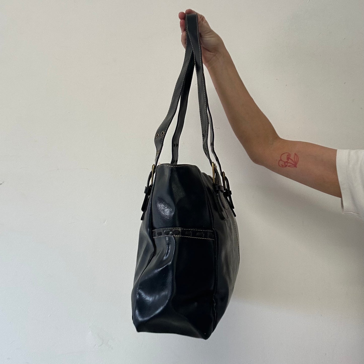 black double buckle faux leather shoulder bag