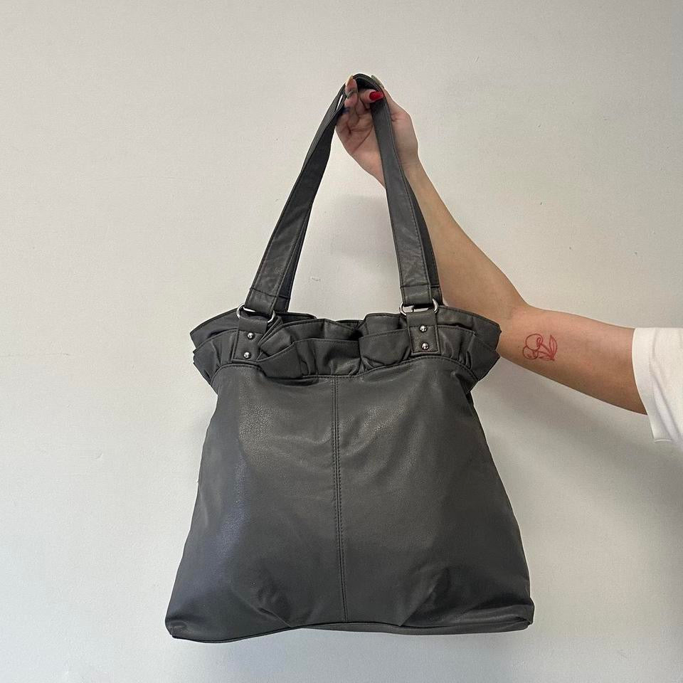 grey faux leather ruffled shoulder bag