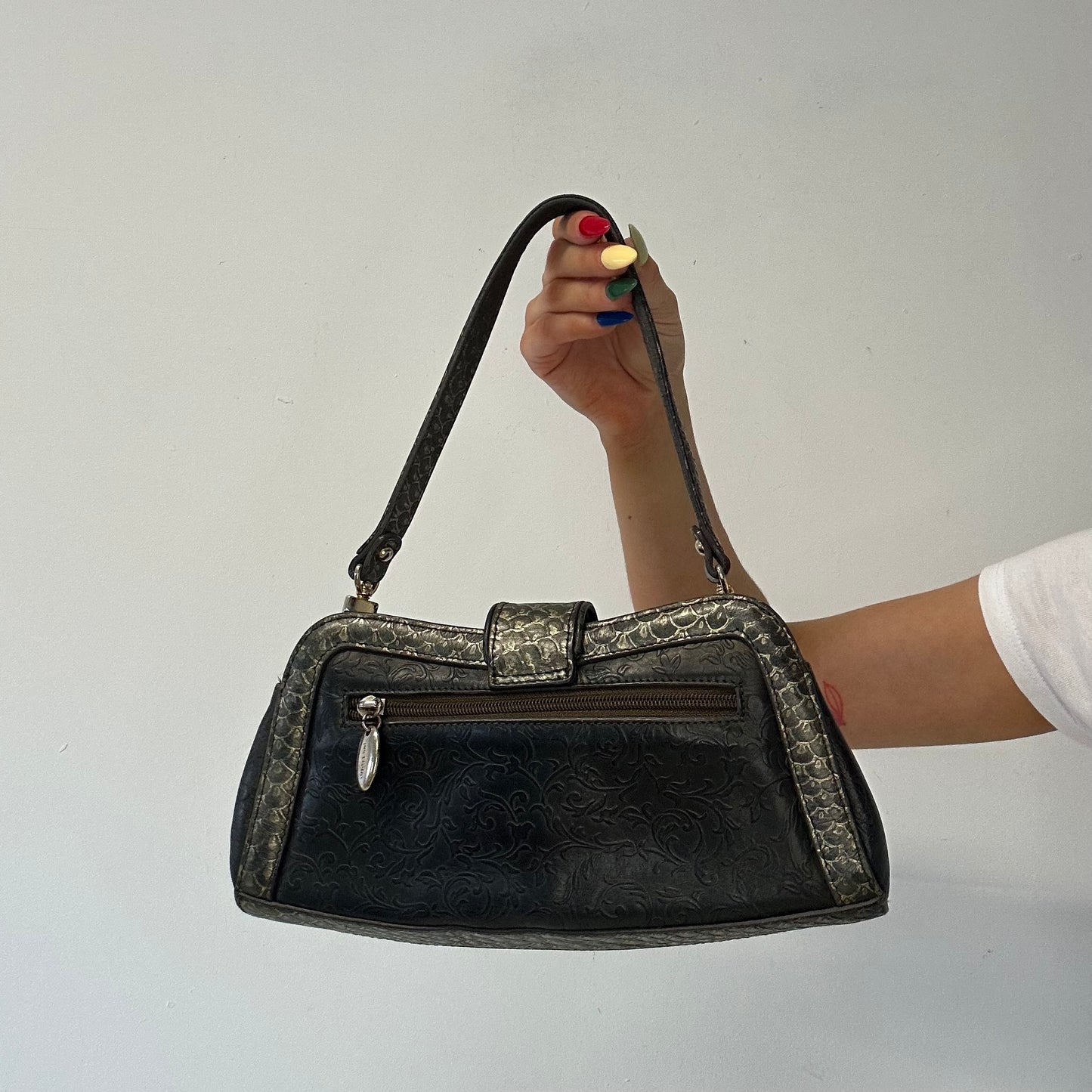 grey faux leather studded floral shoulder bag