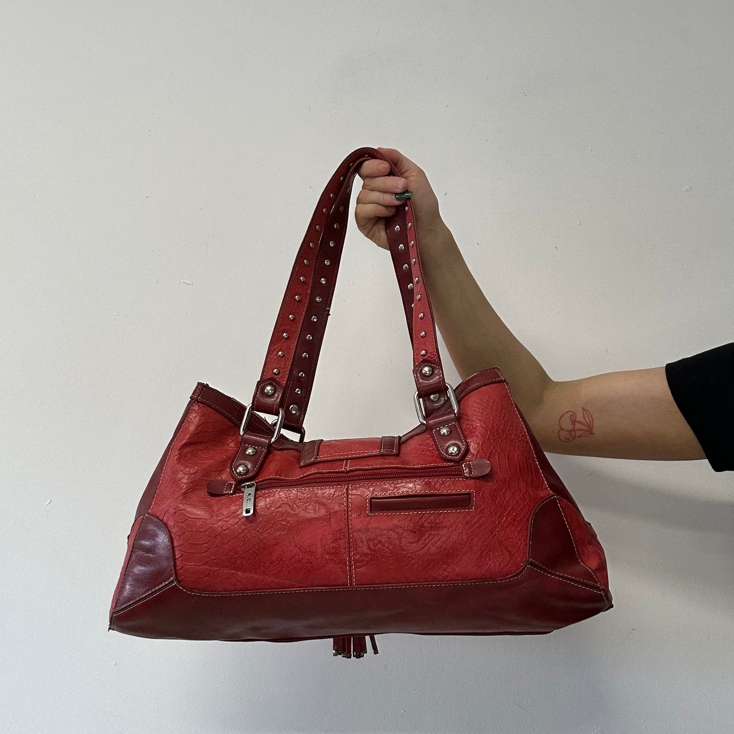 red faux leather croc effect studded  shoulder bag