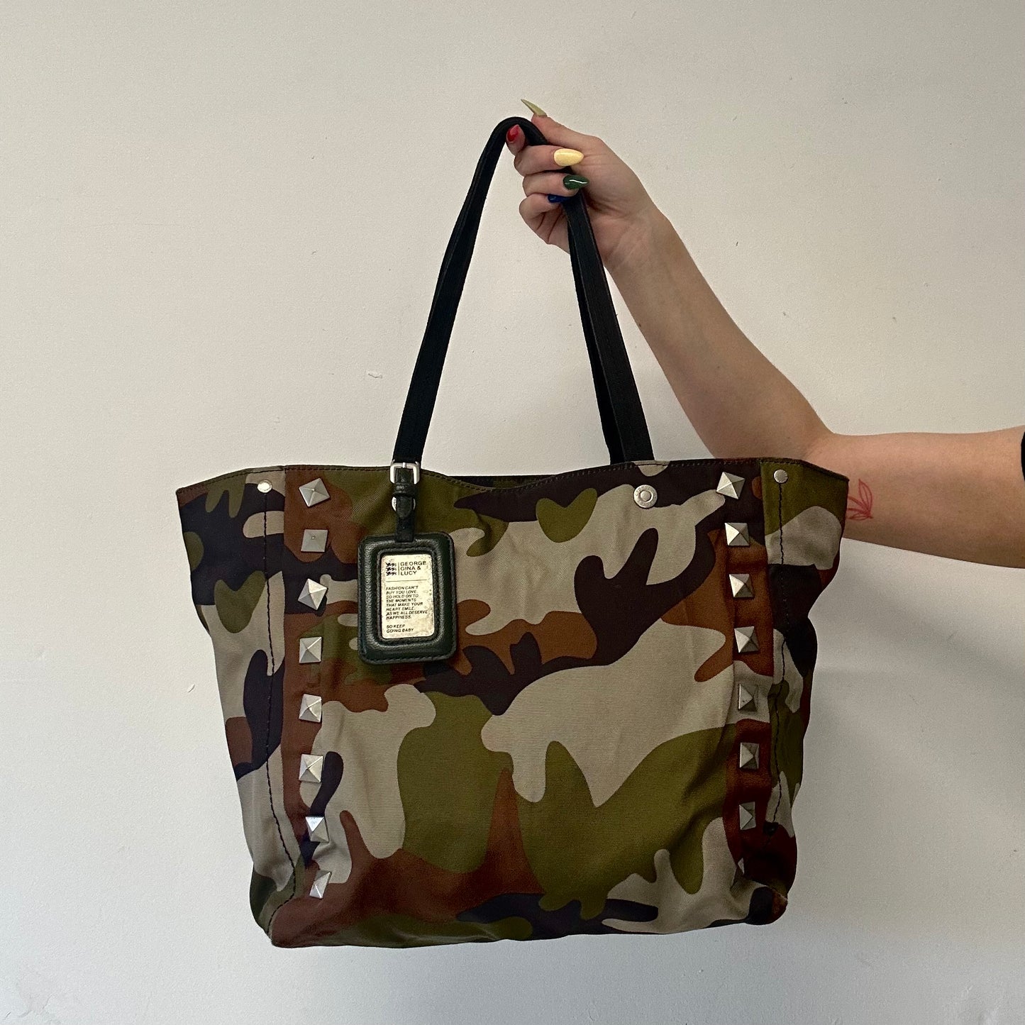 green camouflage george gina and lucy studded canvas shoulder bag