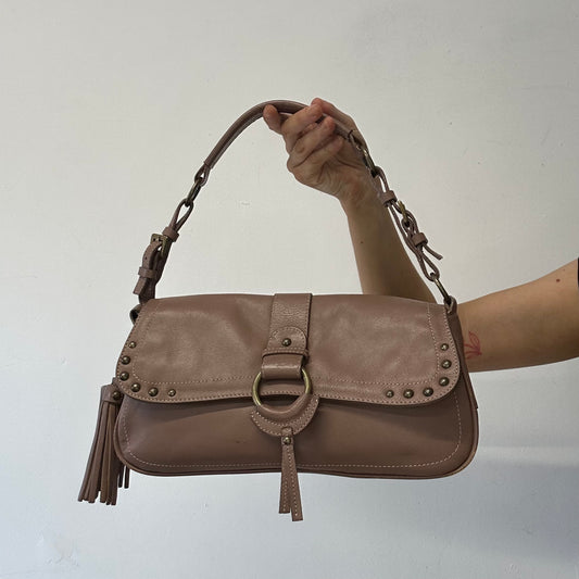 brown studded buckle shoulder bag