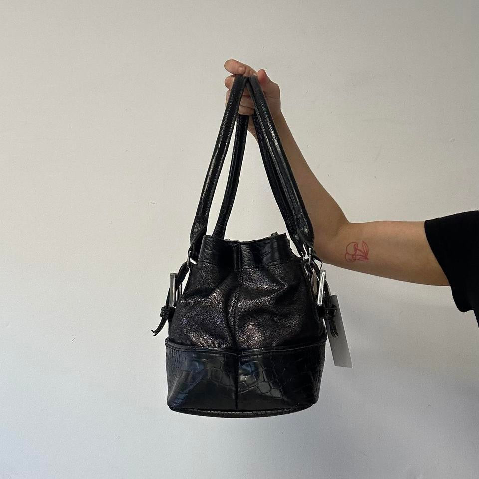 black faux leather glitter croc effect shoulder bag