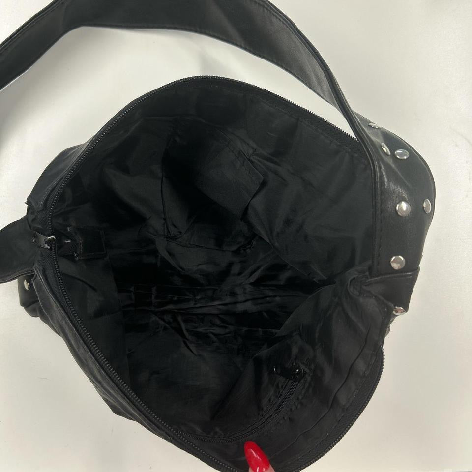 black faux leather studded shoulder bag