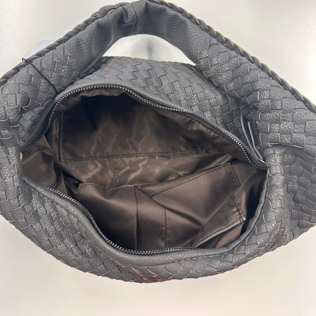 grey faux leather woven shoulder bag