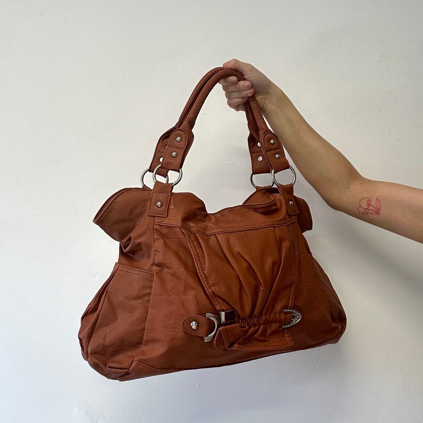 brown buckle faux leather shoulder bag