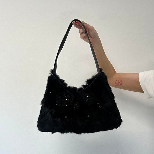 black faux fur studded floral shoulder bag
