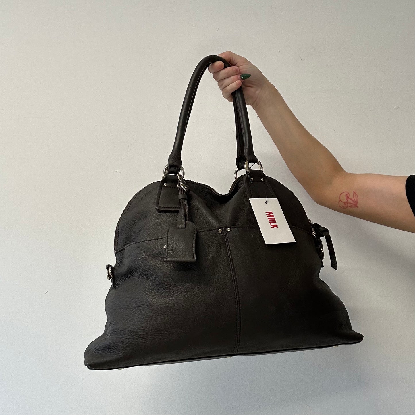 brown faux leather double pocket shoulder bag